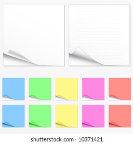 Vector illustration of paper pads in different colors with shadowed curl. Two main versions with lines and without.