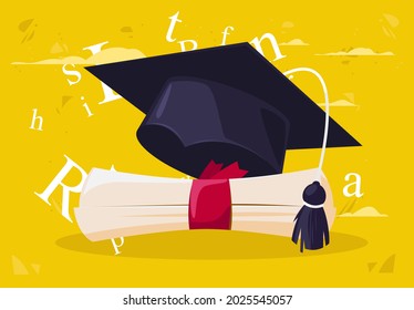 Vector illustration paper parcel about graduation from college with a red ribbon with a classic cap of an academic student with silhouettes of letters in the background