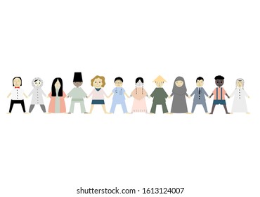 Vector Illustration Of Paper People Chain Isolated On White Background. People Figuring Male And Female Of Different Ethnic Origin With Concept Of People Of The World United Working Together