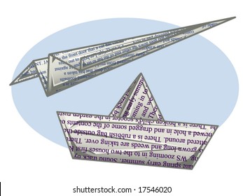 vector illustration of a paper plane and paper boat