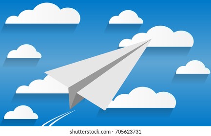 Vector illustration of paper plane and clouds on blue background.