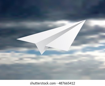 vector illustration of the paper plane fly on the cloudy sky

