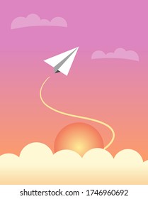 Vector illustration of paper plane flying in sunset sky.