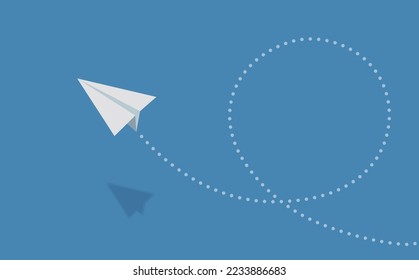 A vector illustration of a paper plane flying freely in the bright blue sky and performing a spectacular somersault