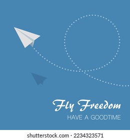 A vector illustration of a paper plane flying freely in the bright blue sky and performing a spectacular somersault