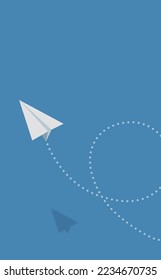 A vector illustration of a paper plane flying freely in the bright blue sky and performing a spectacular somersault