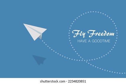 A vector illustration of a paper plane flying freely in the bright blue sky and performing a spectacular somersault