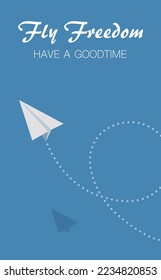 A vector illustration of a paper plane flying freely in the bright blue sky and performing a spectacular somersault