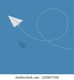 A vector illustration of a paper plane flying freely in the bright blue sky and performing a spectacular somersault