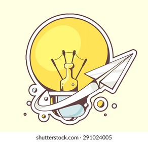 Vector illustration of paper plane flying around yellow lightbulb on color background. Hand draw line art design for web, site, advertising, banner, poster, board and print.  