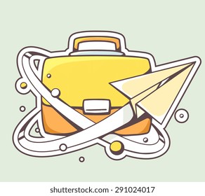 Vector illustration of paper plane flying around yellow briefcase on color background. Hand draw line art design for web, site, advertising, banner, poster, board and print.  