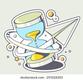 Vector illustration of paper plane flying around a blue sand glass on gray background. Hand draw line art design for web, site, advertising, banner, poster, board and print.  