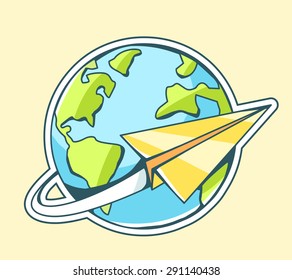 Vector illustration of paper plane flying around planet Earth on color background. Hand draw line art design for web, site, advertising, banner, poster, board and print.  