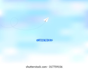 vector illustration of paper plane flying in the blue sky. Idea of space, nature, child, childhood, creative, clean, nature, freedom, flying, travel, business concept wallpaper template