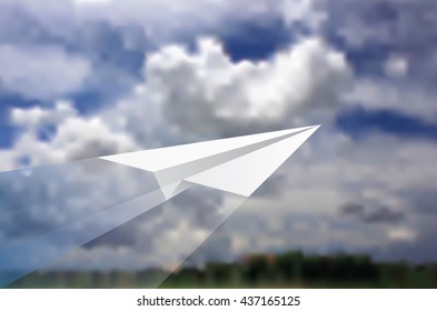 vector illustration of the paper plane flying over landscape with clouds

