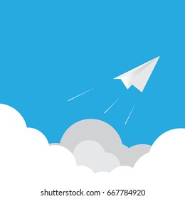 Vector illustration of paper plane flying through clouds on blue sky