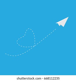 Vector illustration of paper plane and heart dot line on blue background