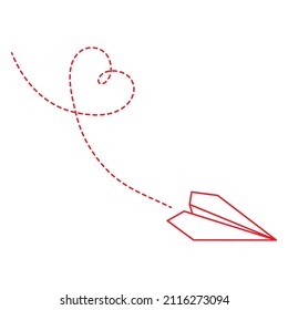 Vector illustration of paper plane icon fot st. Valentines Day. Outline simple craft paper airplane with heart route isolated on white background. Icon symbol of travel and route.