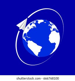 Vector illustration of paper plane moving around dot earth map