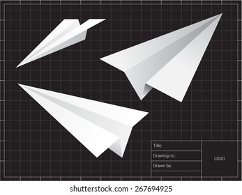 Vector illustration of a paper plane origami with engineering template