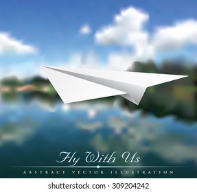 vector illustration of the paper plane over river landscape
