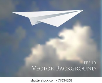 vector illustration of the paper plane over the cloudy sky