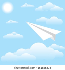 Vector illustration of paper plane at sky, sun and cloud