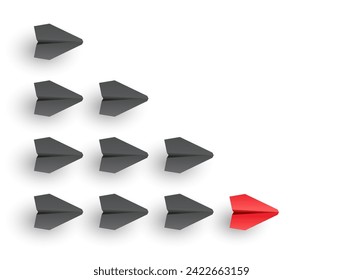 Ilustración vectorial de planos de papel siguiendo a un líder, simbolizando el trabajo en equipo, la estrategia y el éxito empresarial
