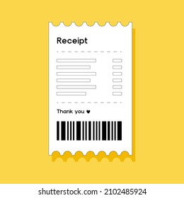 Ilustración vectorial de la recepción de papel. Cheque de impresión en papel, recibo de compra, ilustración de factura con una linda cita de "Gracias" para el cliente. Concepto de compras y finanzas en línea.