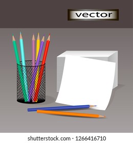 Vector illustration of paper to record the sticker and crayons in a glass stand stationery