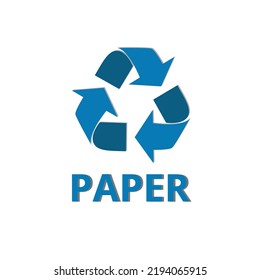 Vector illustration of paper recycling symbol in blue color, flat design, vector icon.