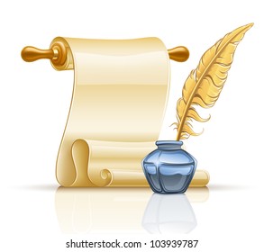 Vector illustration of paper scroll with feather pen and ink pot on white background.