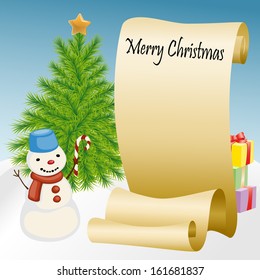 Vector illustration of a paper scroll with a snowman and a Christmas tree on a winter background