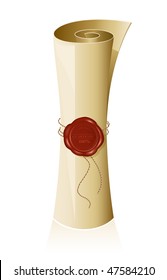 Vector illustration. Paper scroll with wax seal.