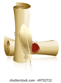 Vector illustration. Paper scroll with wax seal and feather
