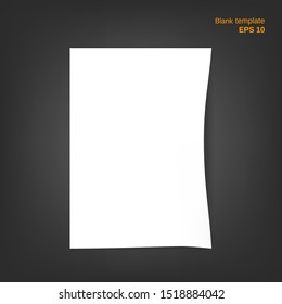 Vector illustration of paper sheet with curved edge. Empty white a4 blank with shadows on grey background. It can be used as a mockup, templates, backgrounds for your own projects. EPS 10 file.