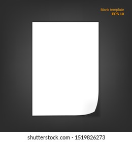 Vector illustration of paper sheet with curved corner. Empty white a4 blank with shadows on grey background. It can be used as a mockup, templates, backgrounds for your own projects. EPS 10 file.