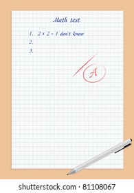 Vector illustration of paper sheet with excellent math test