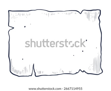 Vector illustration of Paper Sheet or Parchment Map with hand drawn edges and texture. Linear drawing for pirate design or adventure kits. Engraved sketch for treasure maps and navigation projects.