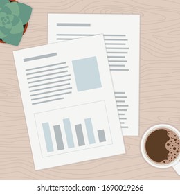 Vector illustration of paper sheets, coffee mugs and home plants on a wooden table background. Flat drawing documents on the desktop.
