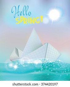 Vector illustration with paper ship swimming on spring brook