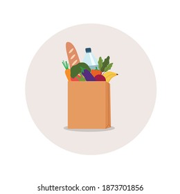 Vector illustration of paper shopping bag with  fresh groceries. Food like water, banana, carrot, tomato, broccoli and baguette bread inside. Kraft paper shopping concept. Flat style.