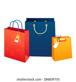 Vector illustration of  paper shopping bags with funky tag isolated on white background.