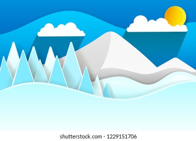 vector illustration of paper snow mountains Christmas tree snow