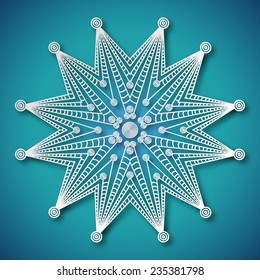 Vector illustration of a Paper snowflake, mandala design. Vector lace doily, winter decoration, eps10. Xmas illustration. For card, yoga studio, Indian, Arabic cuisine restaurants ads, tattoo salon.