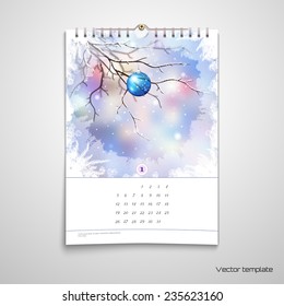 Vector illustration. Paper spiral calendar. Realistic shadows. Winter composition with glass New Year's ball behind the frozen window. Place for your text.