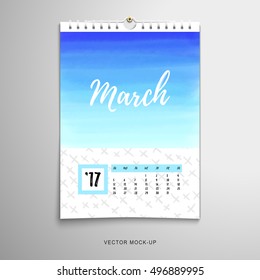 Vector illustration. Paper spiral calendar. Handmade watercolor reminds sky. Realistic shadows. Inscription - March. 