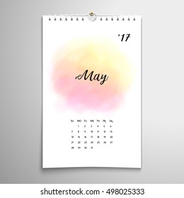 Vector illustration. Paper spiral calendar. Watercolor delicate pattern. Hand drawing. Realistic shadows. Inscription - May. 