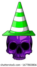 Vector illustration paper sticker Halloween icon witch hat with skull