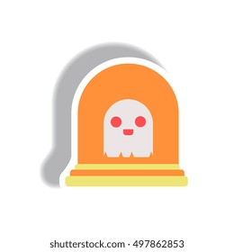 Vector illustration paper sticker Halloween icon grave monument and ghost